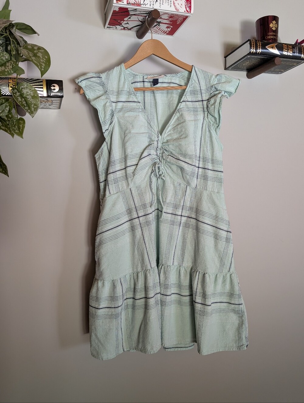 Universal Thread Mint Plaid Flutter Sleeve Pocket Mini Dress - Large